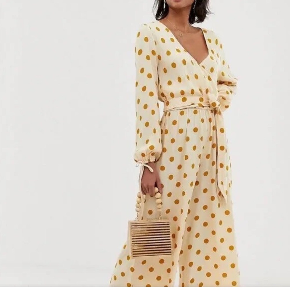 ASOS DESIGN wrap tie belted cropped jumpsuit polka dots V neck